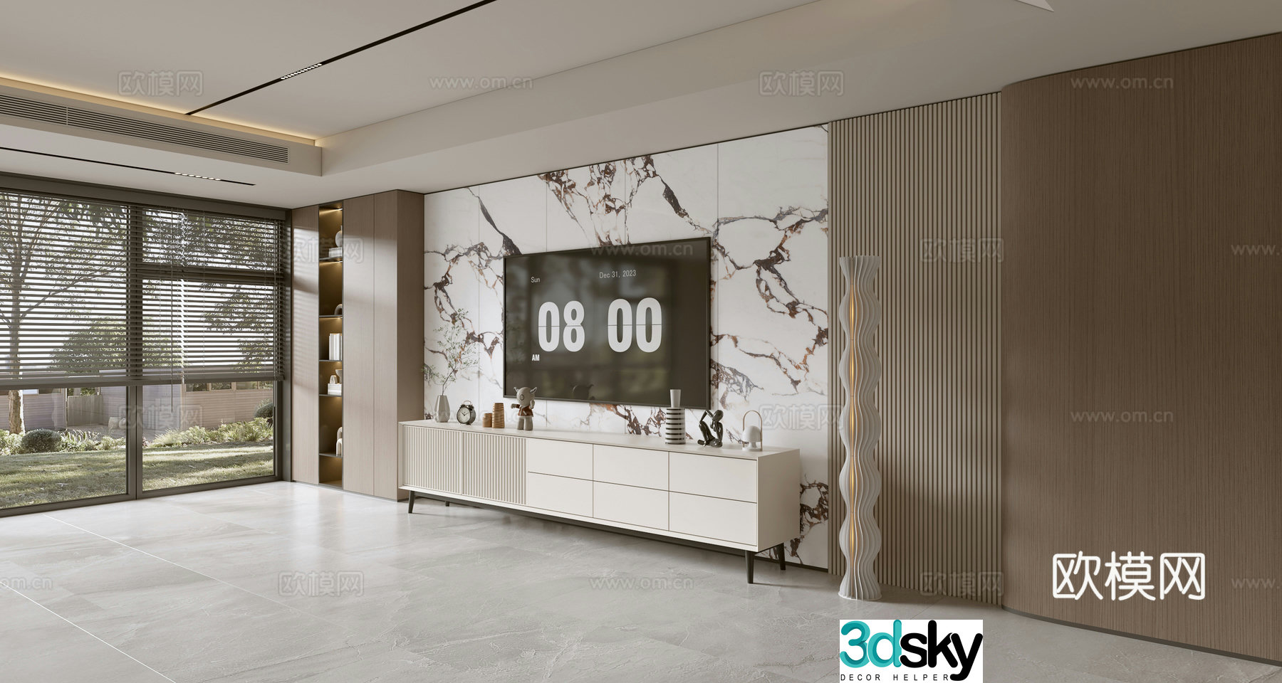Modern Italian living room light luxury TV background wall full wall TV cabinet marble background wall 3d model