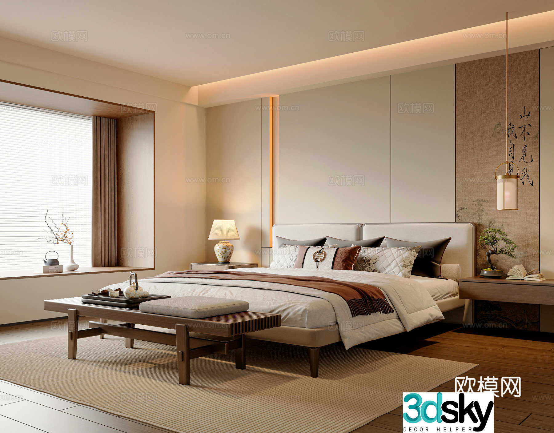 New Chinese style bedroom Master bedroom New Chinese style double bed New Chinese style bedside table New Chinese style bedside stool 3D model