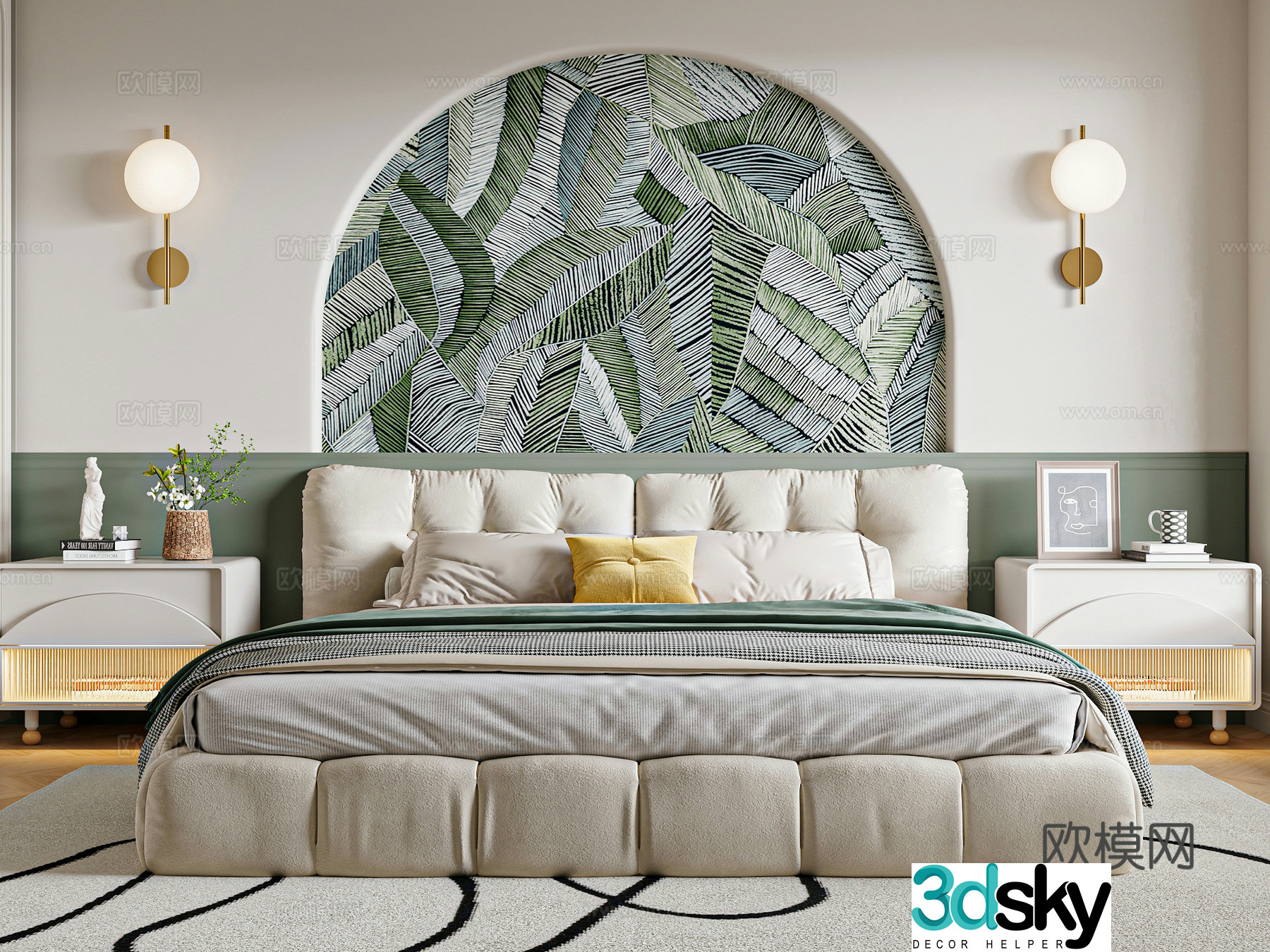 French double bed nightstand 3d model