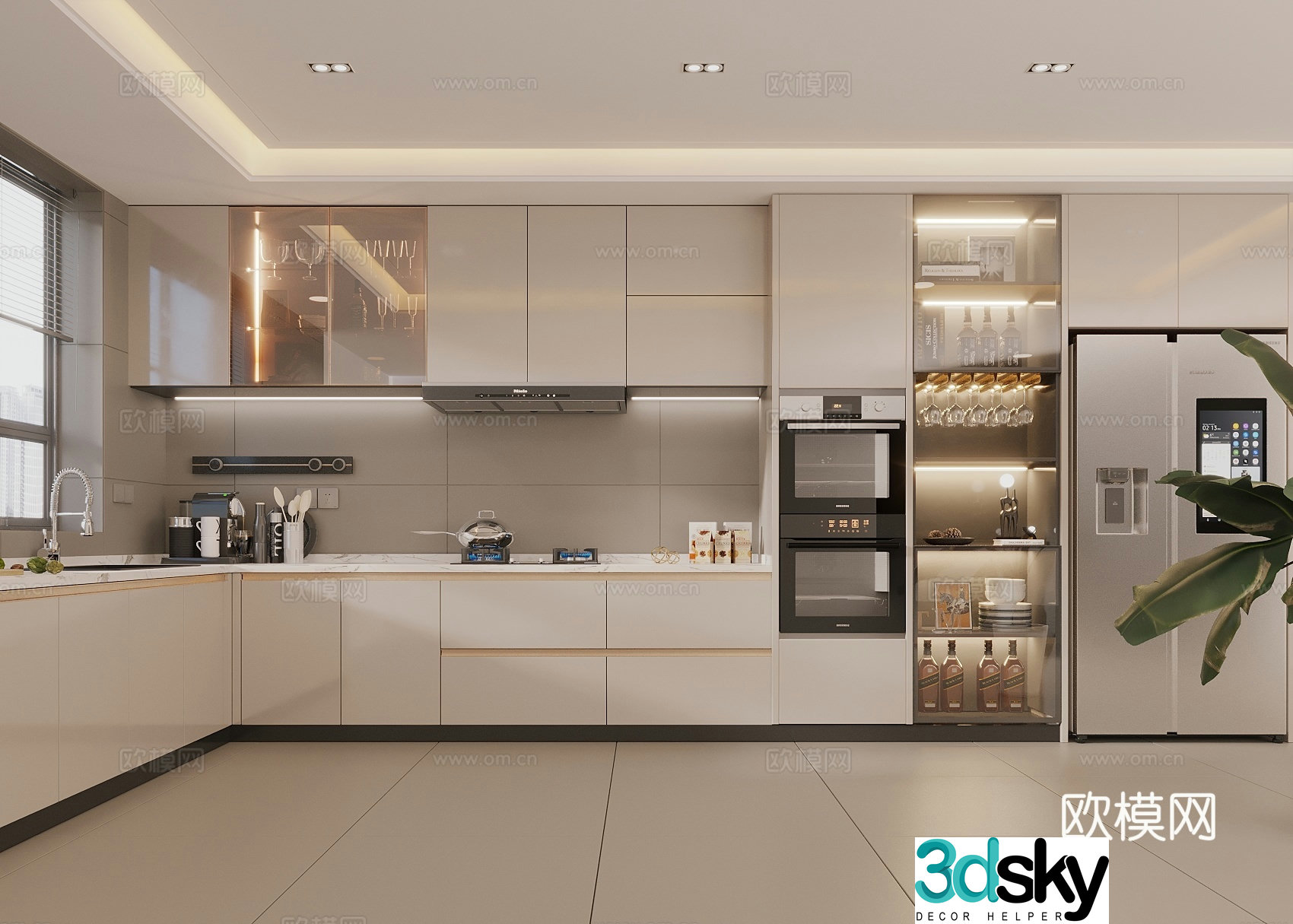 Modern creamy kitchen kitchen supplies combination kitchen appliances dining side wine cabinet 3d model