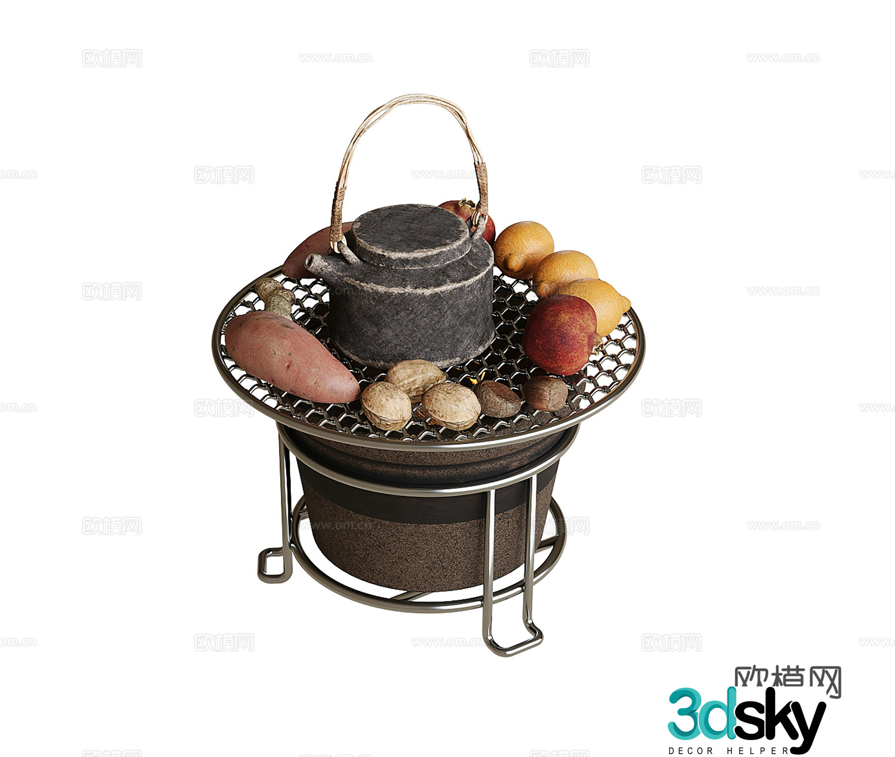Modern tea set 3D model in front of the stove