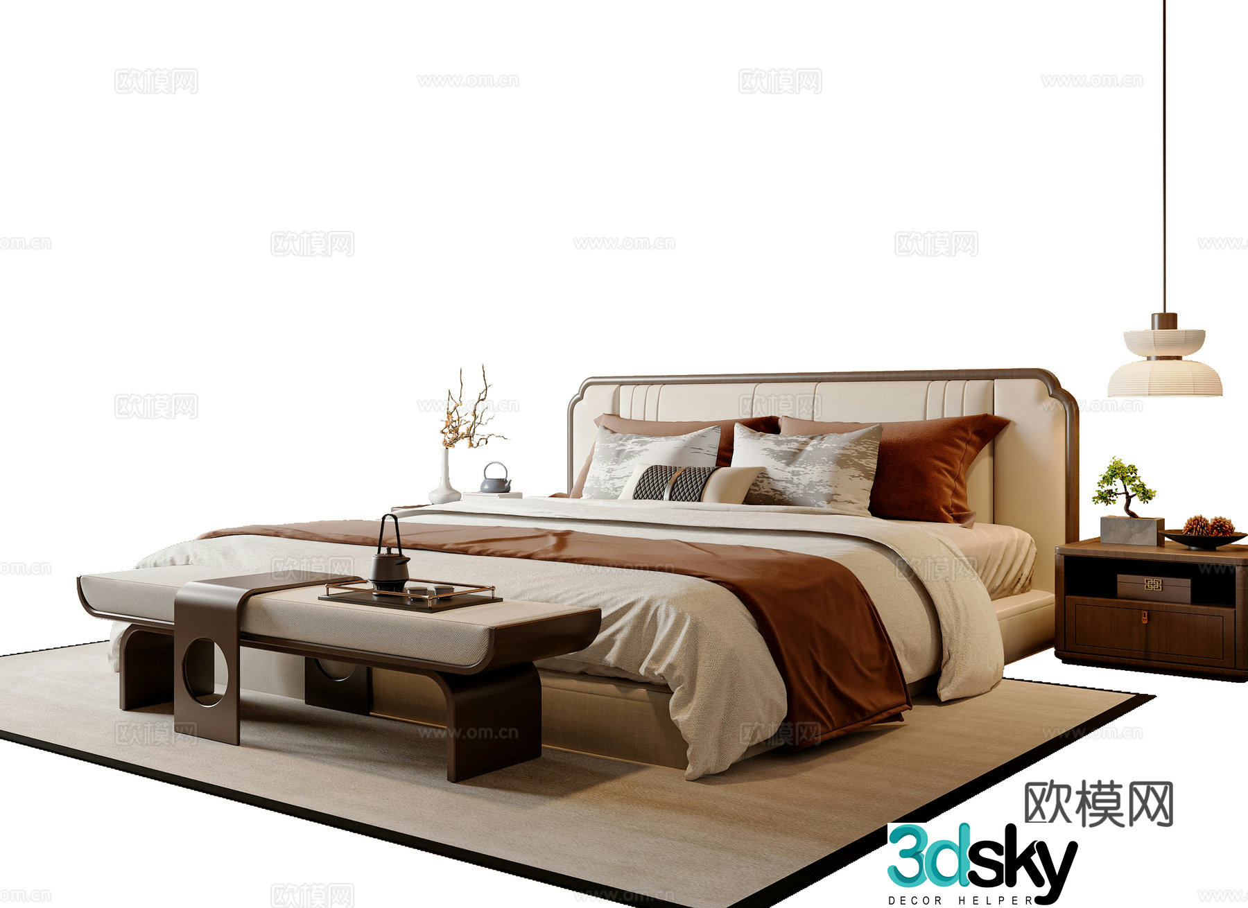 New Chinese style double bed New Chinese style bed tail stool bed nightstand chandeliers Song style 3D model