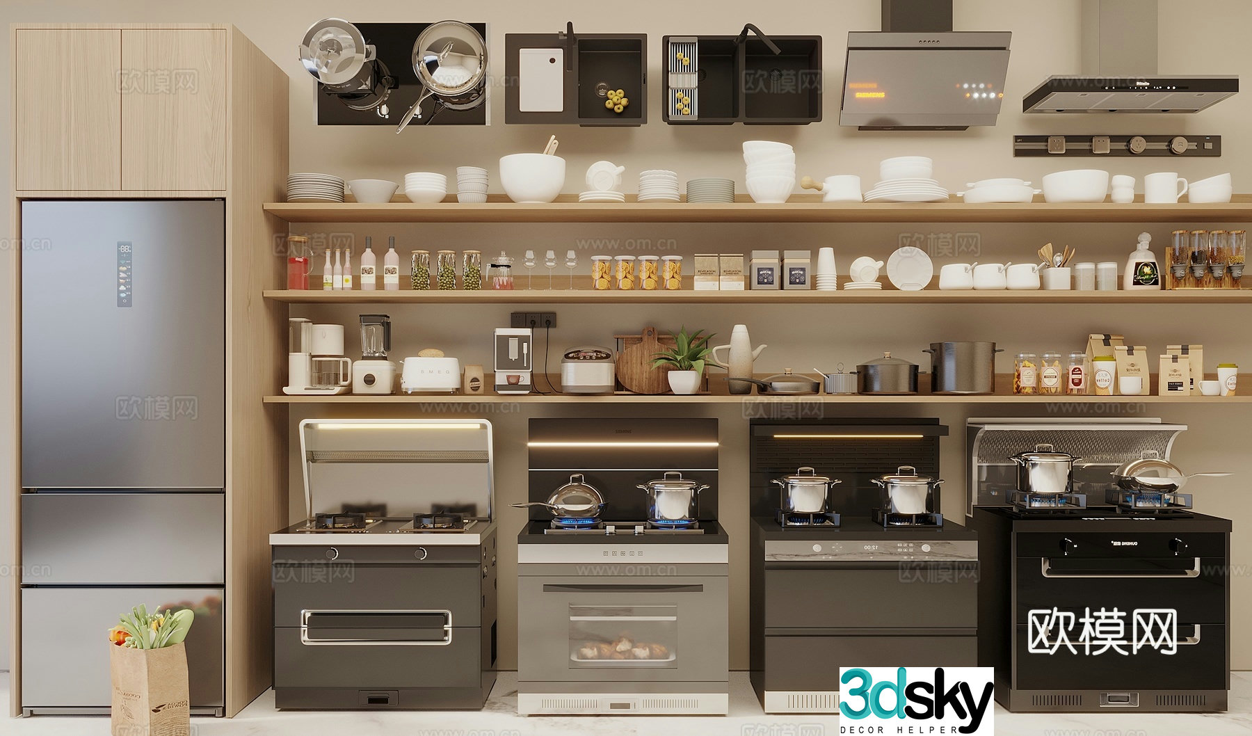 Kitchen supplies combination tableware combination seasoning pots and pans integrated stove kitchen appliances 3D model