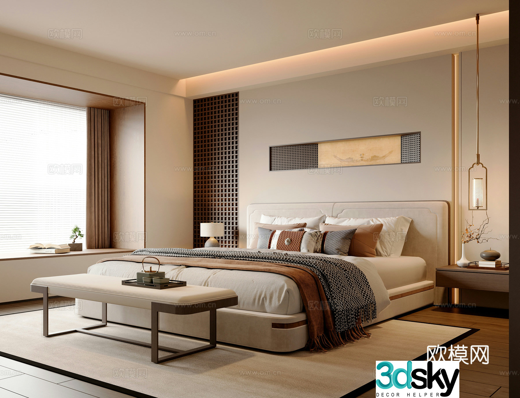 New Chinese style bedroom Master bedroom New Chinese style double bed New Chinese style bedside table New Chinese style bedside stool 3D model