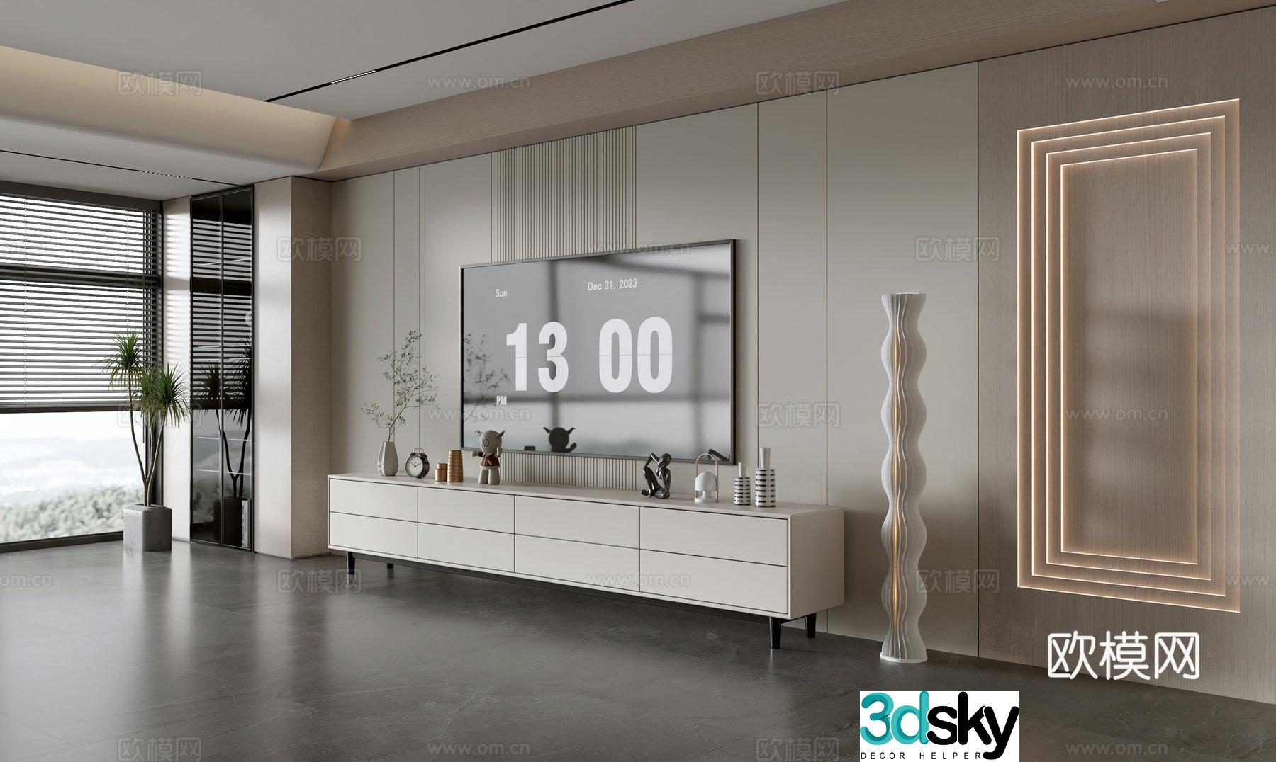 Modern simple living room light luxury TV background wall full wall TV cabinet wooden veneer background wall 3d model