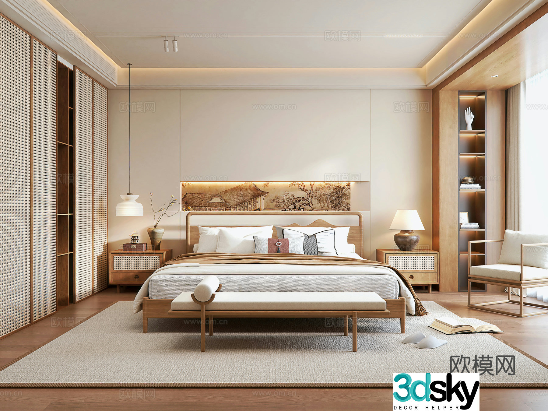 New Chinese style home bedroom owner-light bedroom log double bed rattan wardrobe bedside table rest 3D model