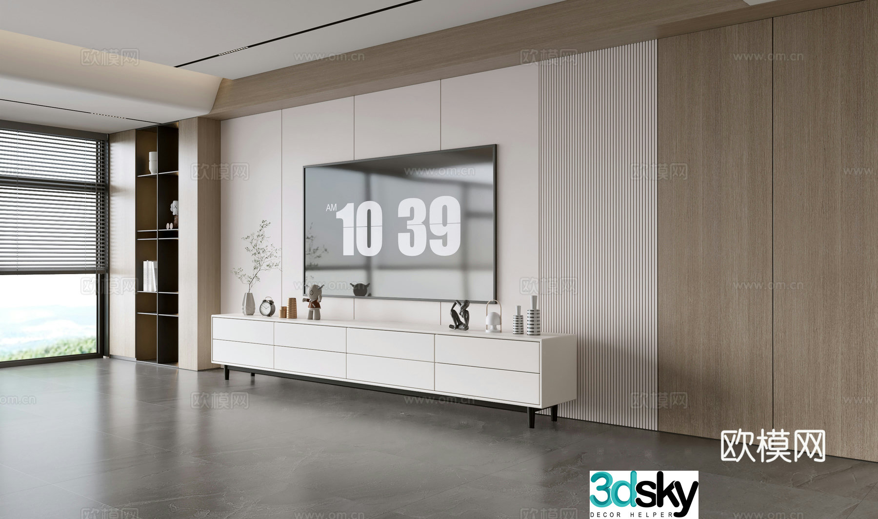 Modern simple living room light luxury TV background wall full wall TV cabinet wooden veneer background wall 3d model