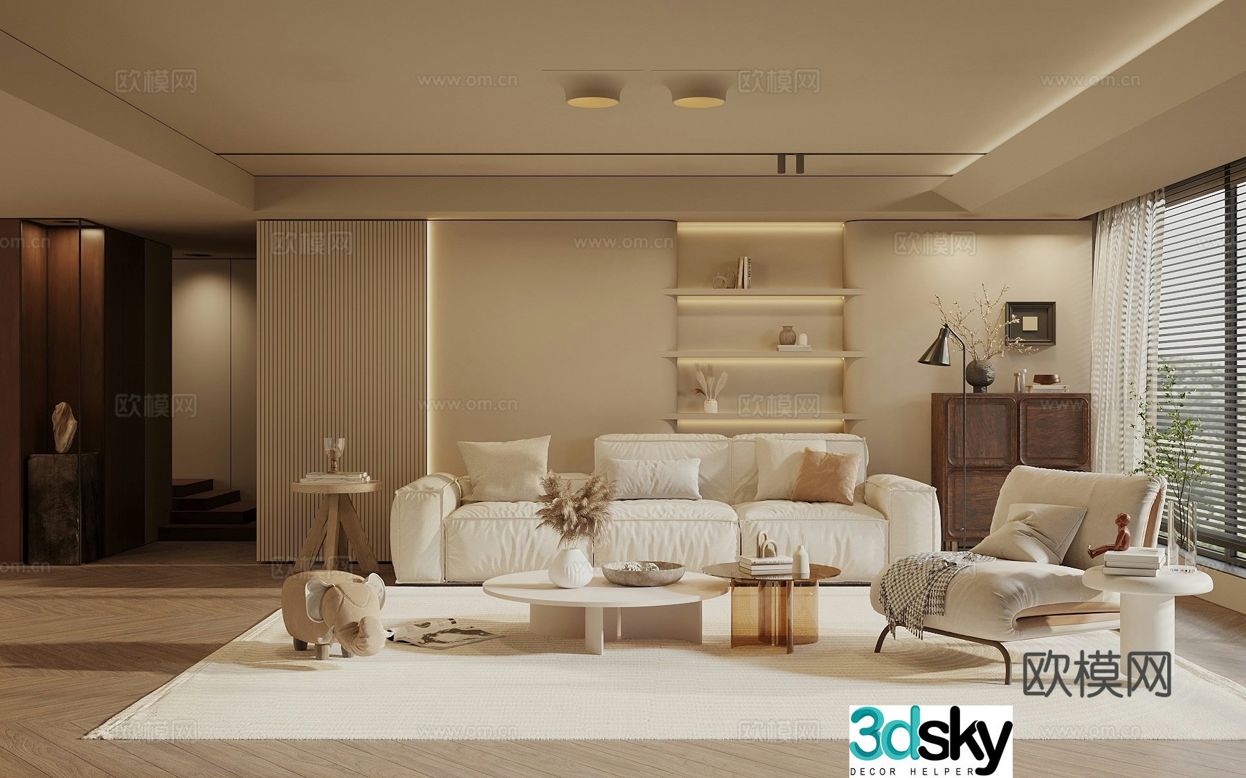 Wasabi Middle Style Living Room Sofa Coffee Table Combination Decorative Cabinet Side Cabinet Sofa Background Wall Art 3D Model