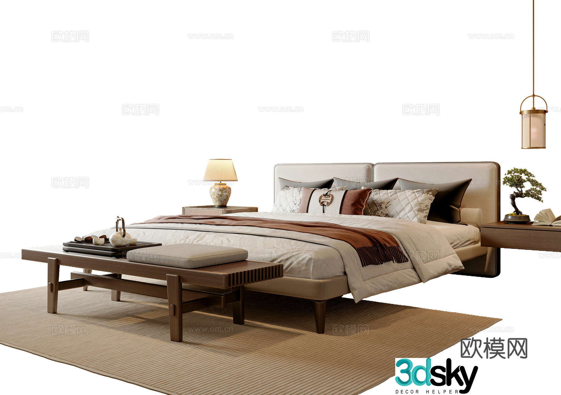 New Chinese style double bed New Chinese style bed tail stool bed nightstand chandeliers Song style 3D model