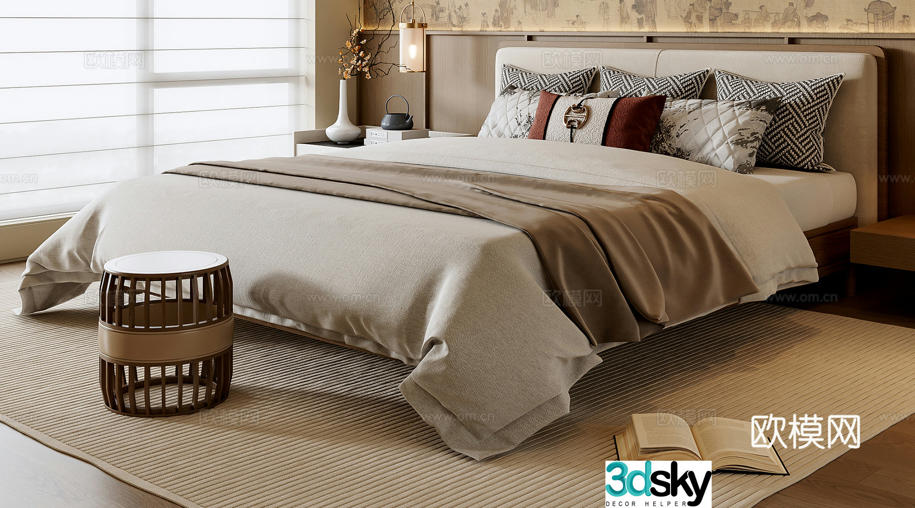 New Chinese style double bed 3D model