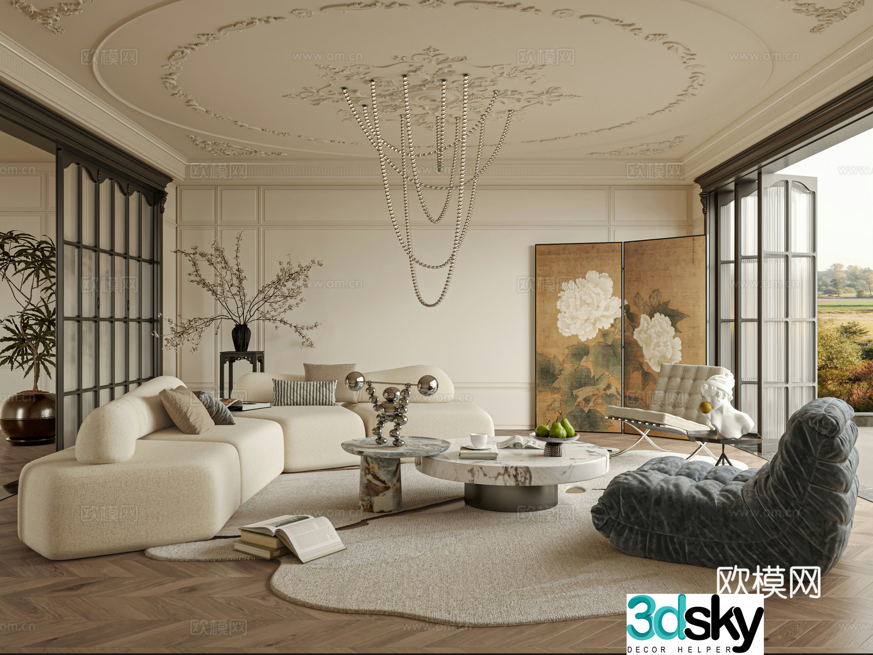 French medieval style living room sofa single chair coffee table 3D model