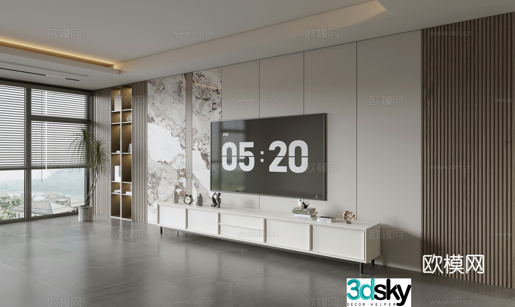 Modern Italian living room light luxury TV background wall full wall TV cabinet marble background wall 3d model
