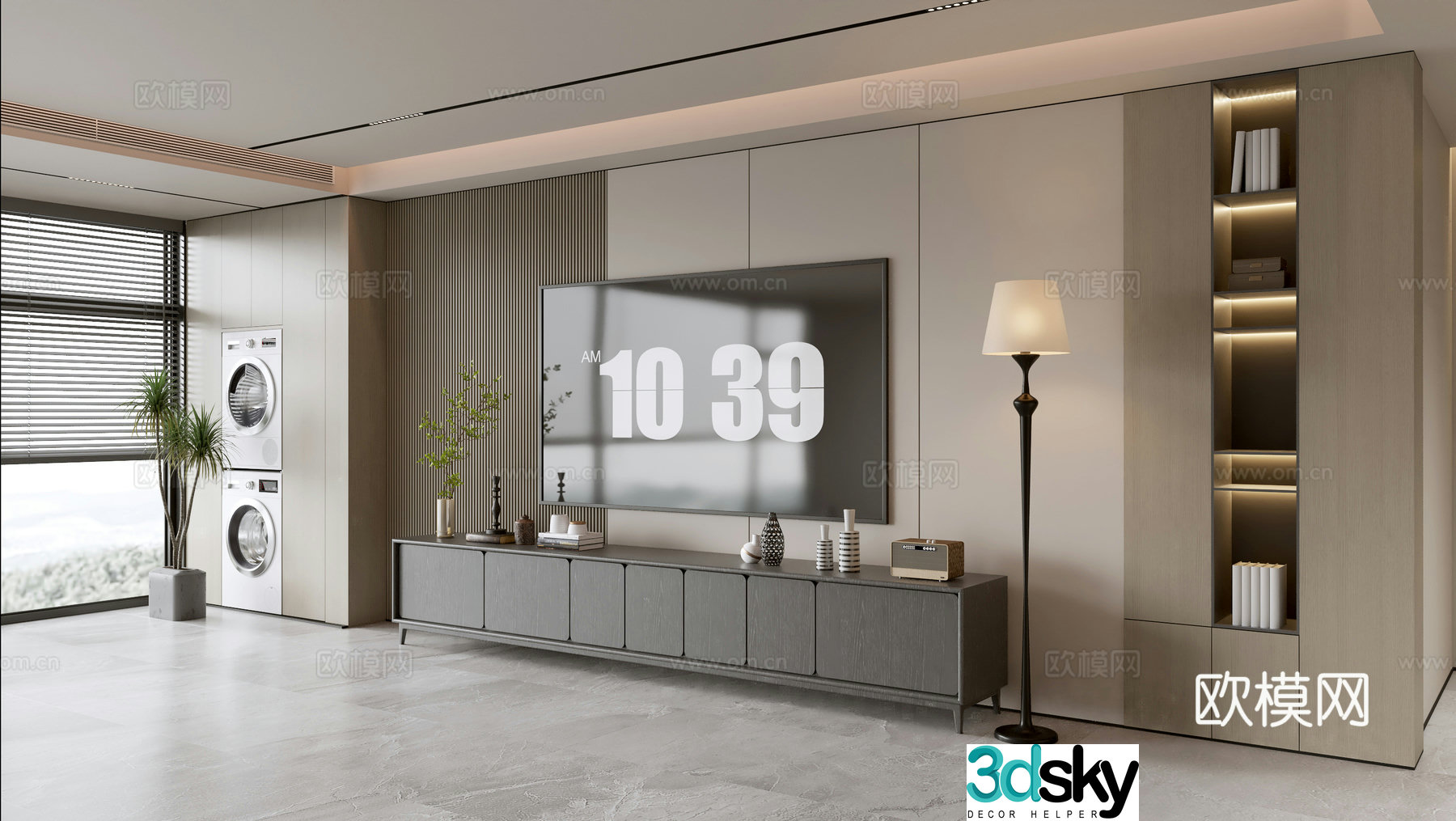 Modern simple living room light luxury TV background wall full wall TV cabinet wooden veneer background wall laundry 3d model