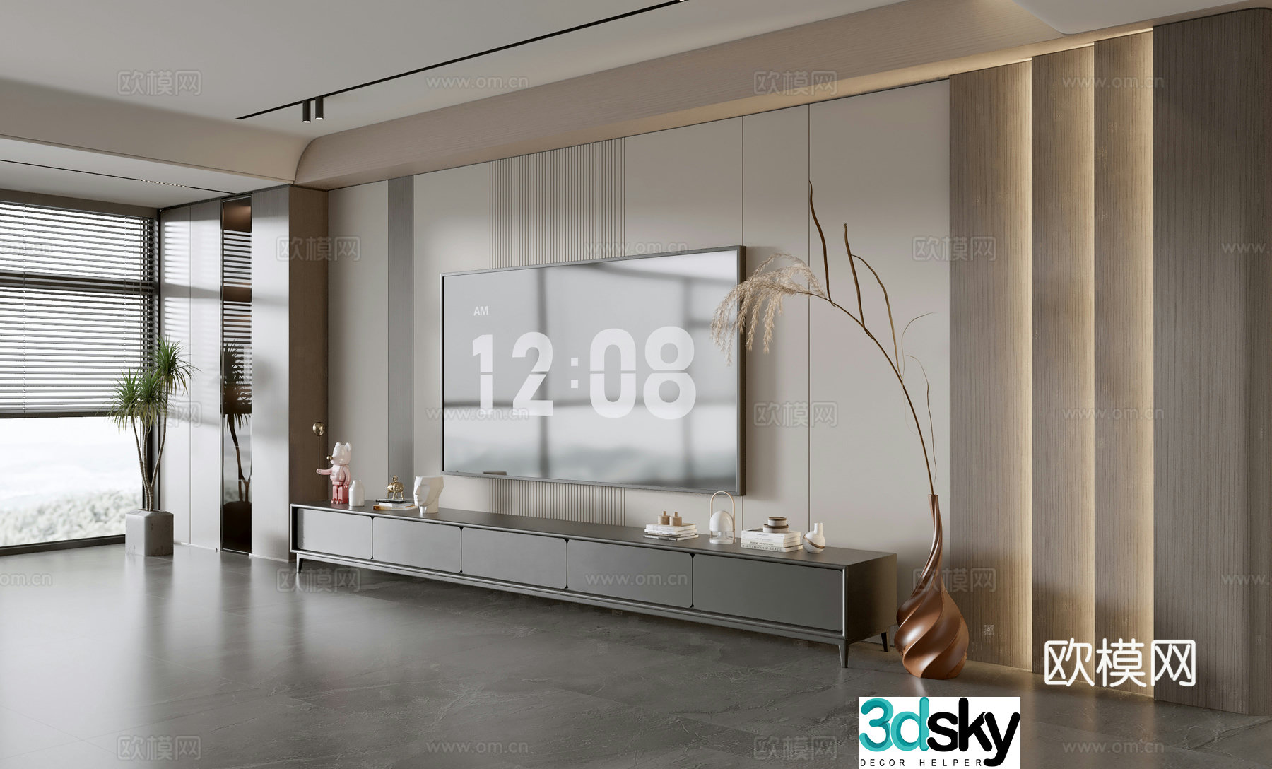Modern simple living room light luxury TV background wall full wall TV cabinet wooden veneer background wall 3d model