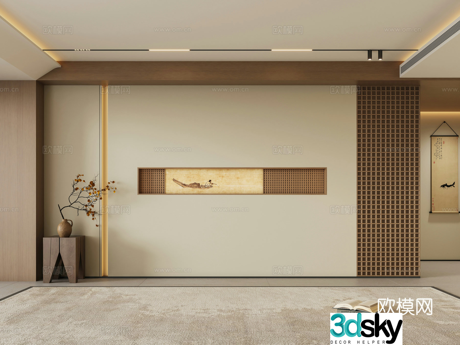 Zen new Chinese style living room sofa background wall 3d model