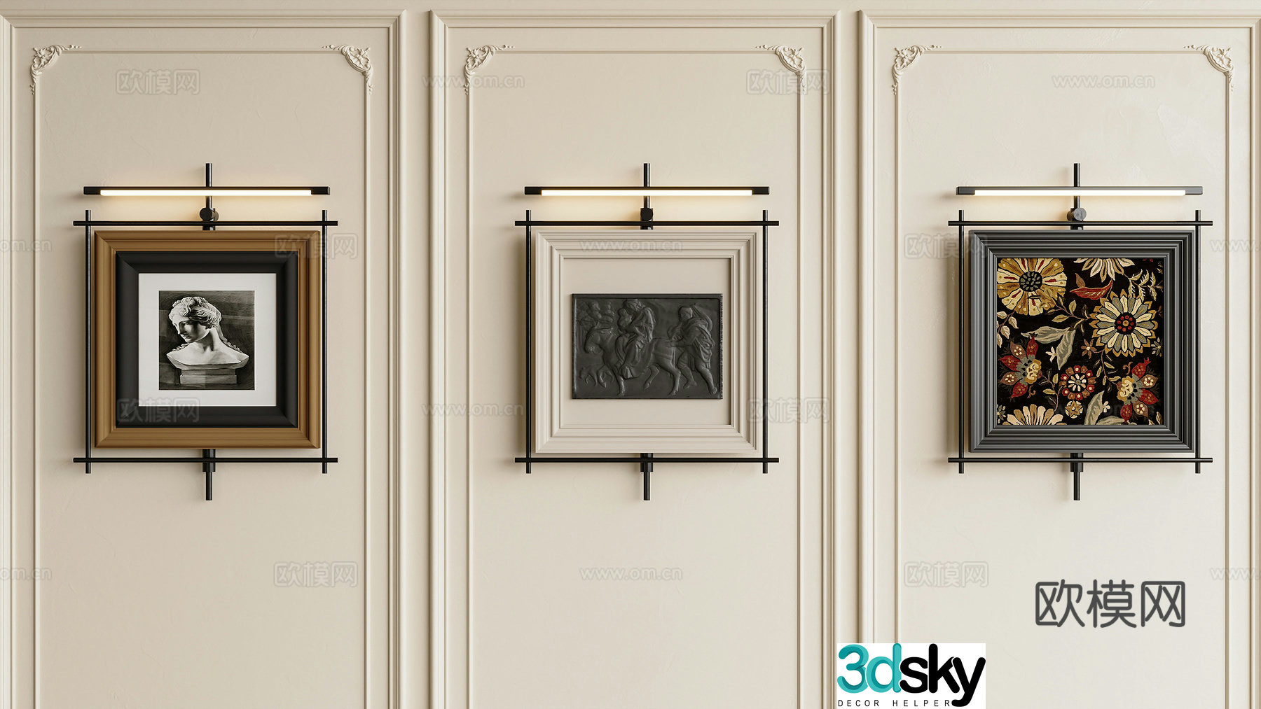 French retro hanging painting combination decorative painting French hanging painting combination painting French carved background wall 3D model