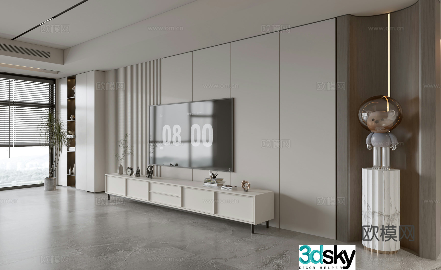 Modern Italian living room light luxury TV background wall full wall TV cabinet marble background wall 3d model