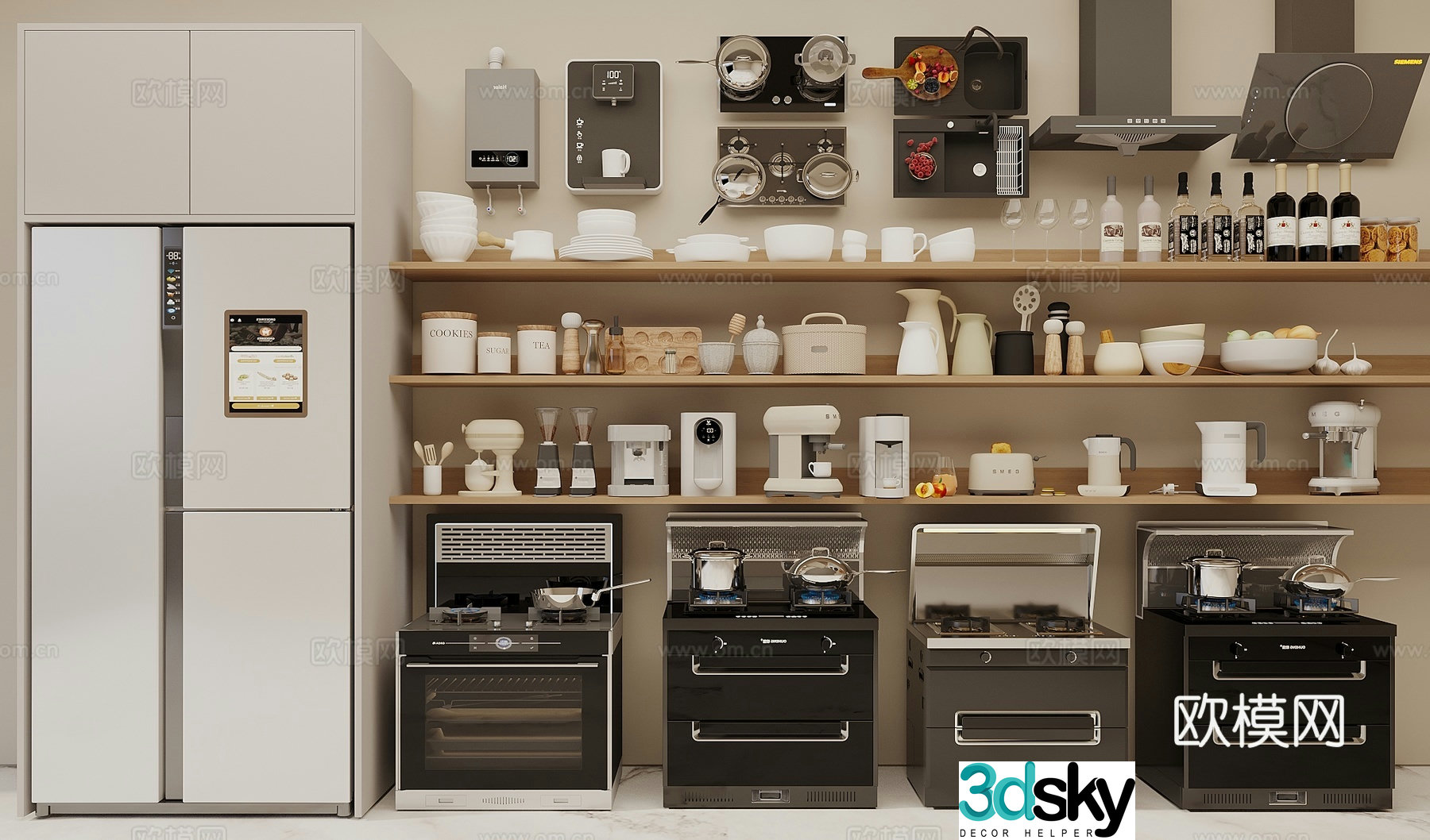 Kitchen supplies combination tableware combination seasoning pots and pans integrated stove kitchen appliances 3D model