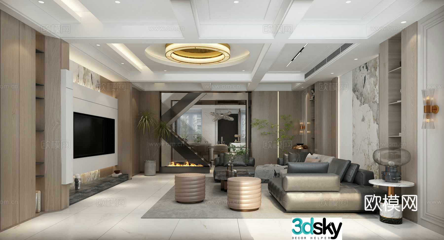 Modern living room and dining room kitchen simple and light luxury 3D model
