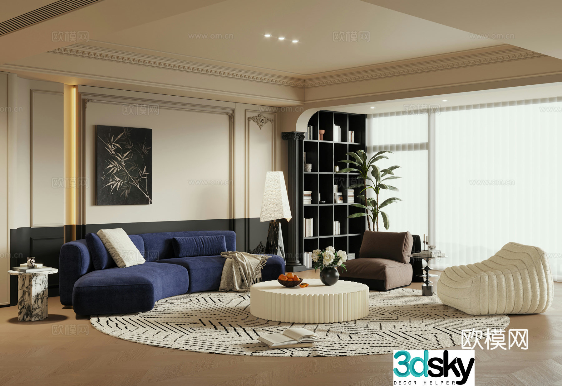 French home living room horizontal hall large flat living room black and white gray living room without owner lights 3D model