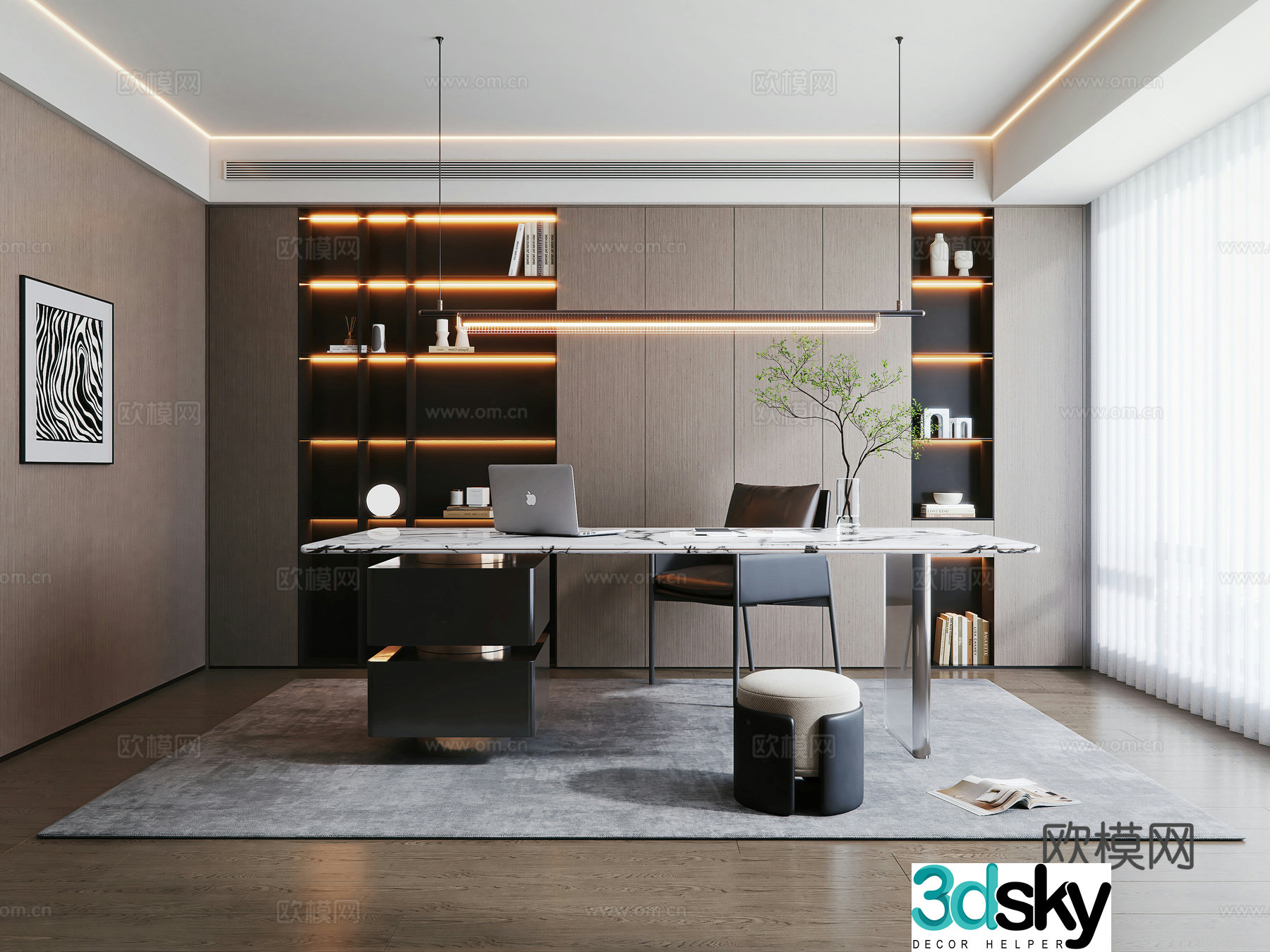 Italian light luxury study Italian bookcase desk chair stool book ornament combination decorative painting 3D model