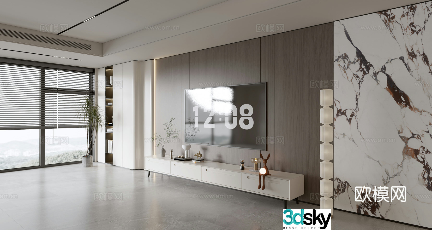 Modern Italian living room light luxury TV background wall full wall TV cabinet marble background wall 3d model