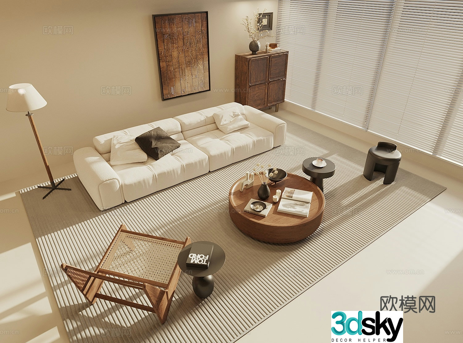 Wasabi Middle Style Sofa Coffee Table Combination Side Cabinet Decoration Cabinet Leisure Chair Floor Lamp Hanging Painting 3D Model