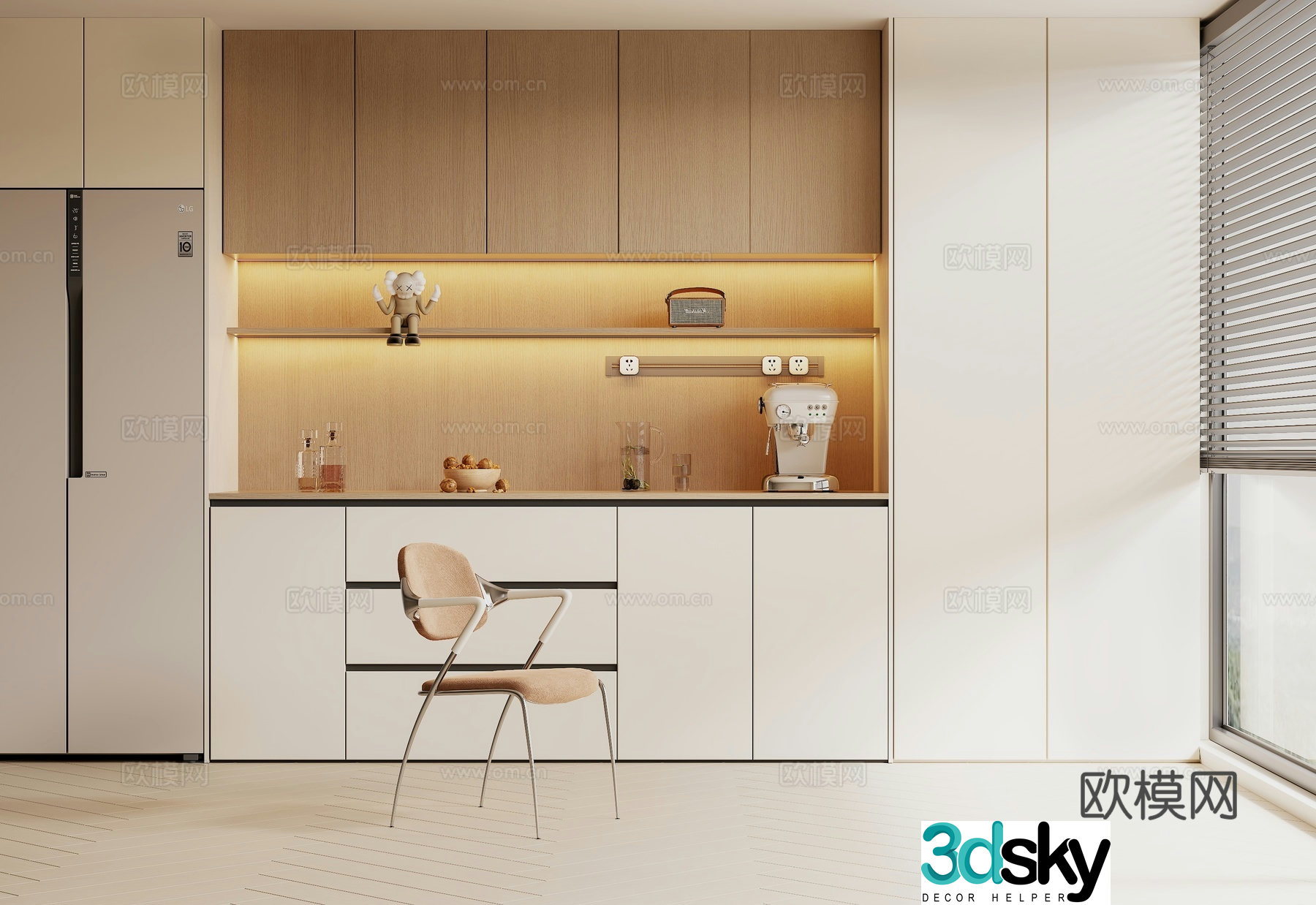 Modern creamy sideboard refrigerator cabinet 3d model