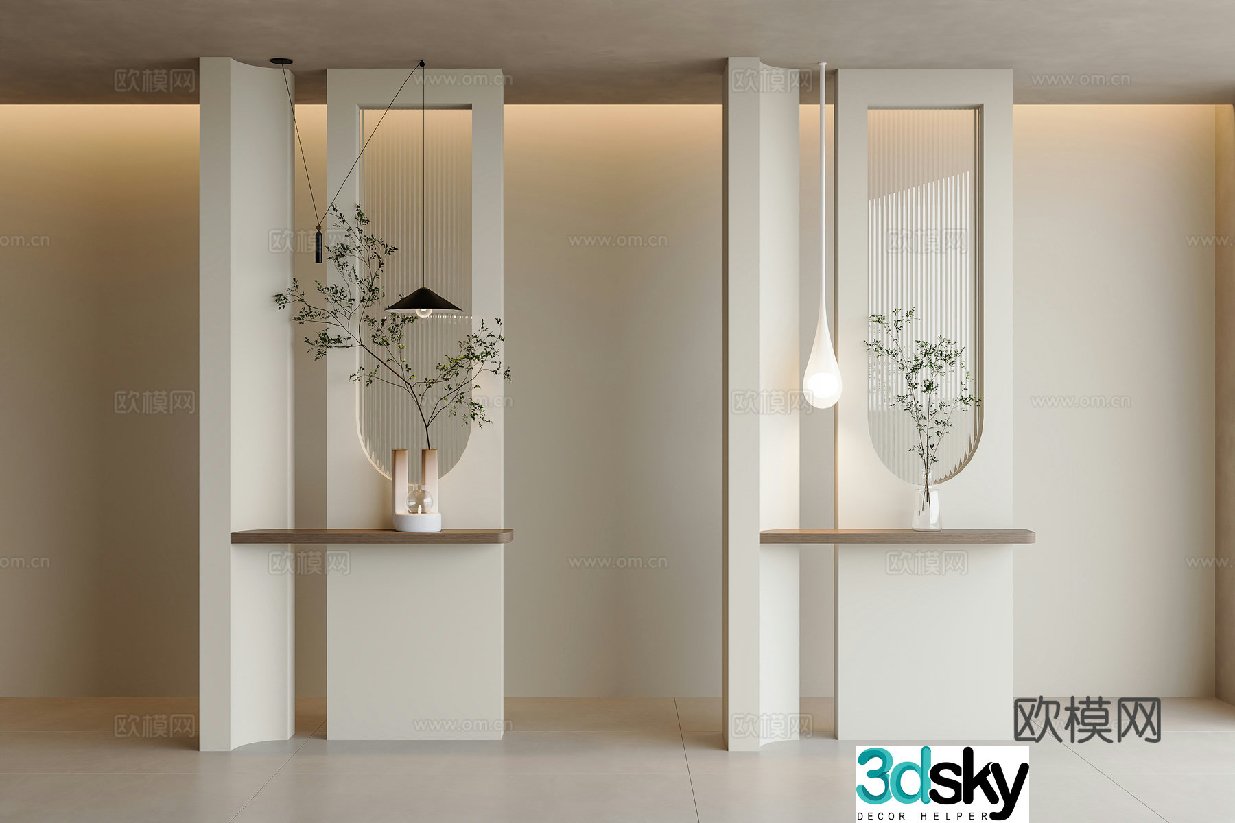 Modern cream style partition wall entrance partition glass partition green plant small chandelier entrance partition 3D model