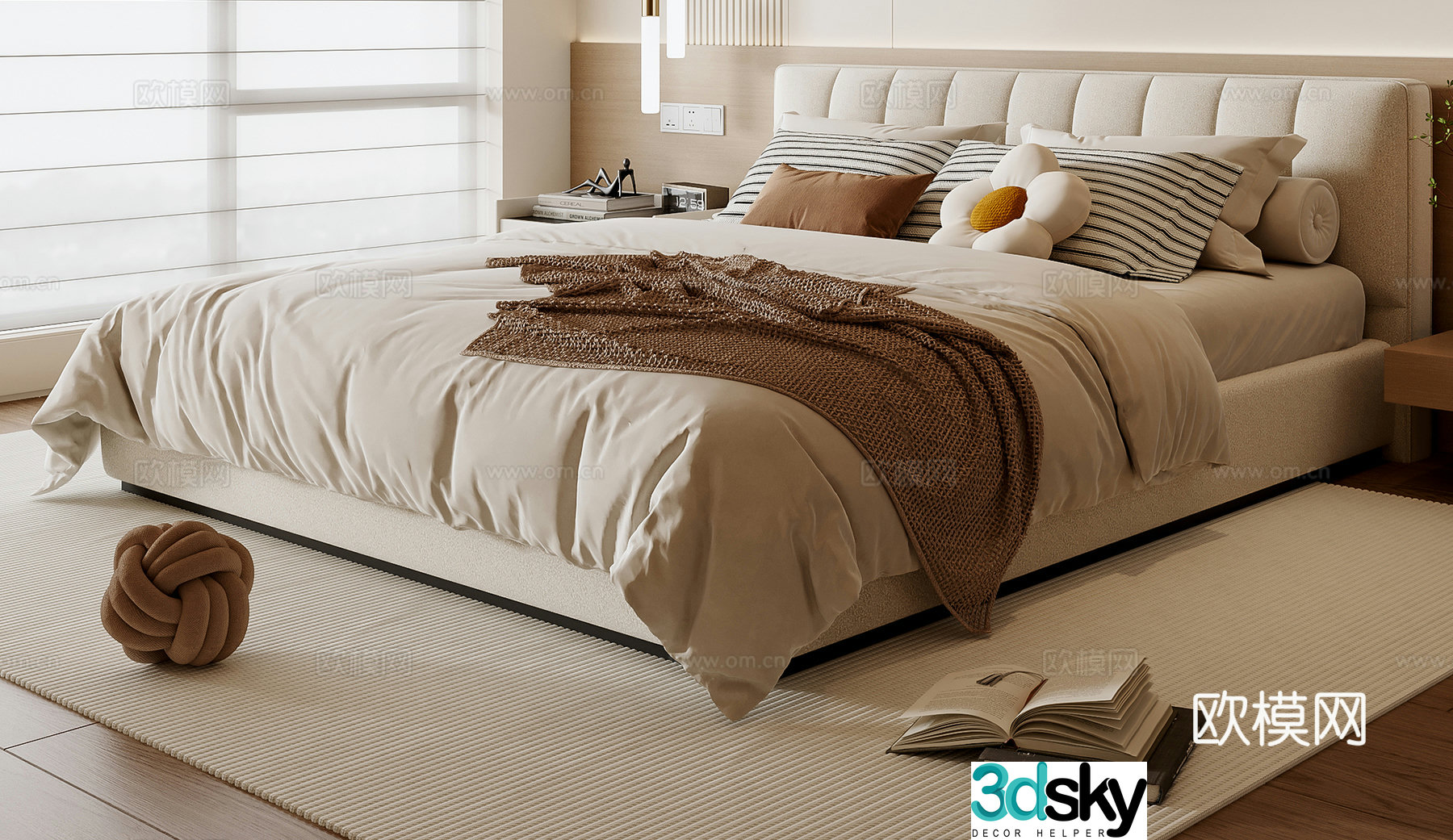 Creamy Double Bed 3D Model