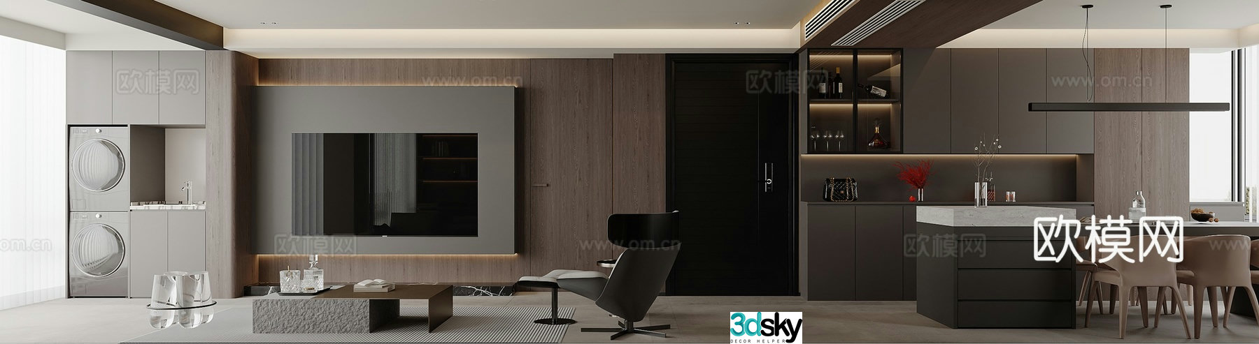 Modern living and dining room 3d model