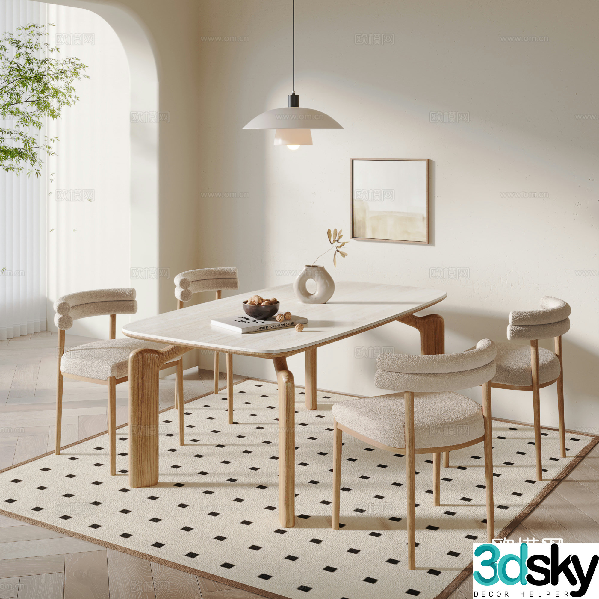 Medium style dining table and chair 3D model