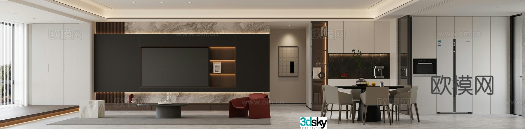 Modern living and dining room 3d model