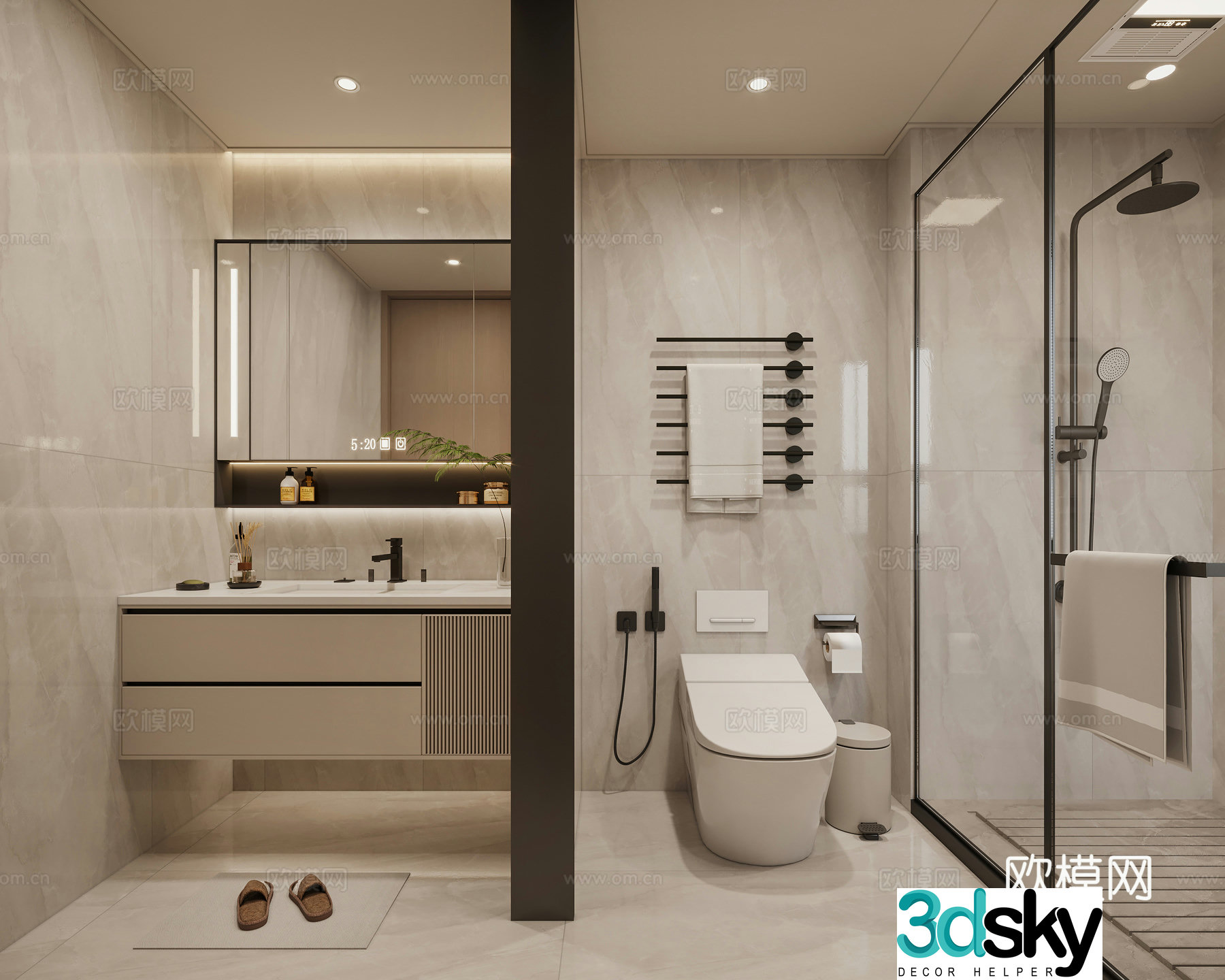 Modern bathroom sink toilet mirror shower 3d model
