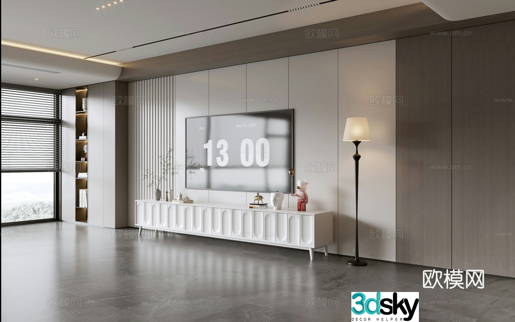 Modern simple living room light luxury TV background wall full wall TV cabinet wooden veneer background wall 3d model