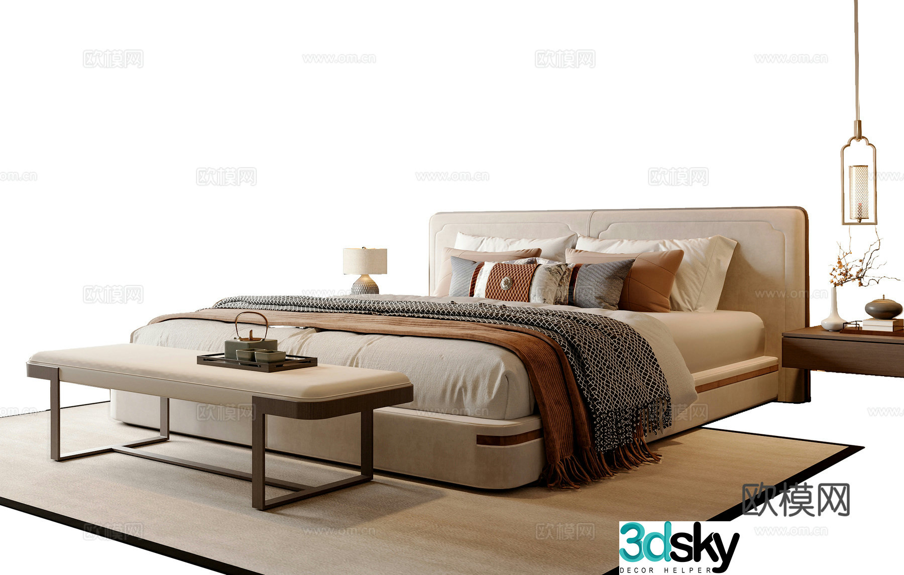 New Chinese style double bed New Chinese style bed tail stool bed nightstand chandeliers Song style 3D model