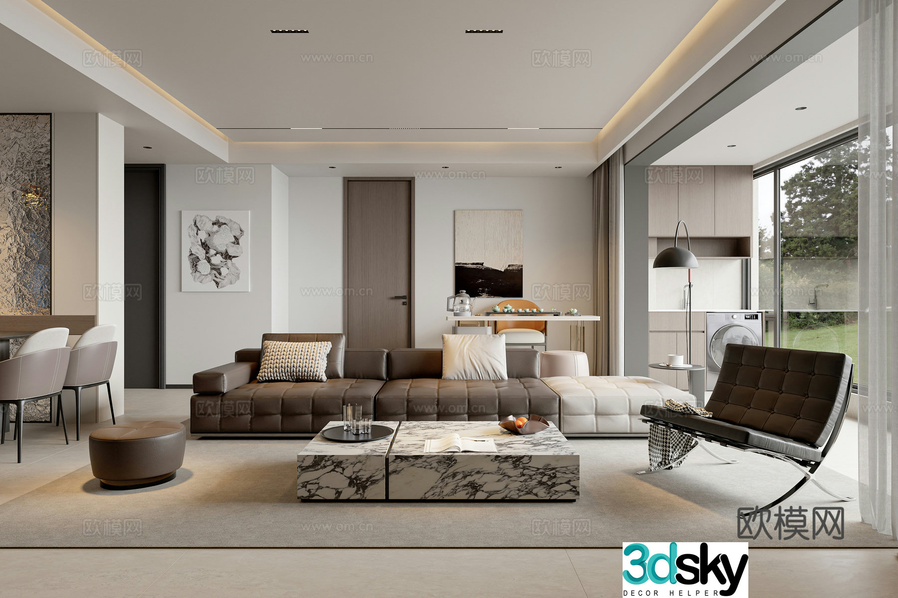 Modern living and dining room 3d model