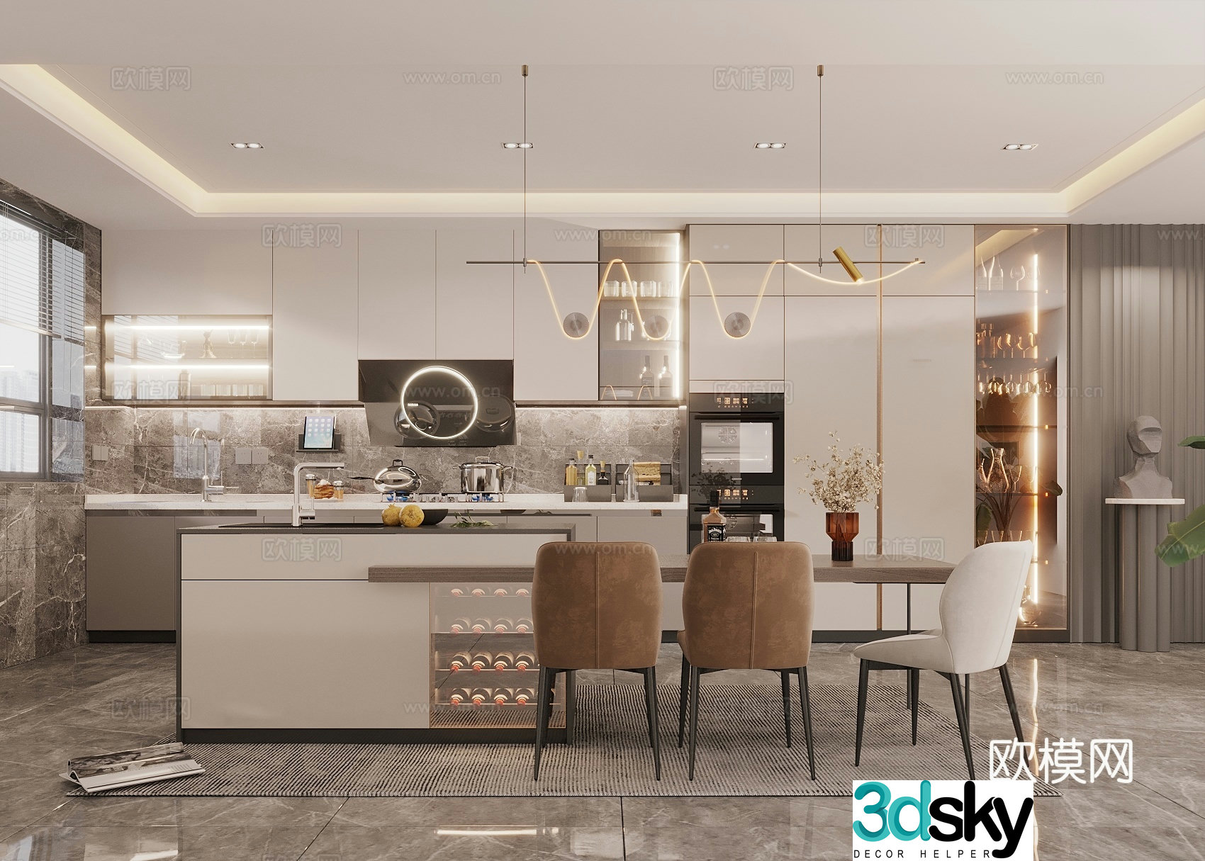Modern creamy kitchen kitchen supplies combination island dining seat combination kitchen appliances dining 3d model