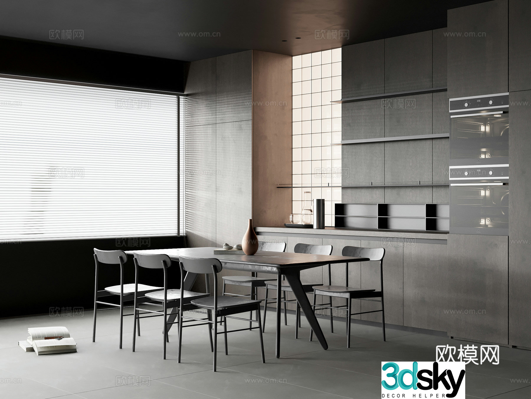 Modern restaurant Solid wood dining table Solid wood dining chair Solid wood sideboard Oven Kettle Water Cup 3D model