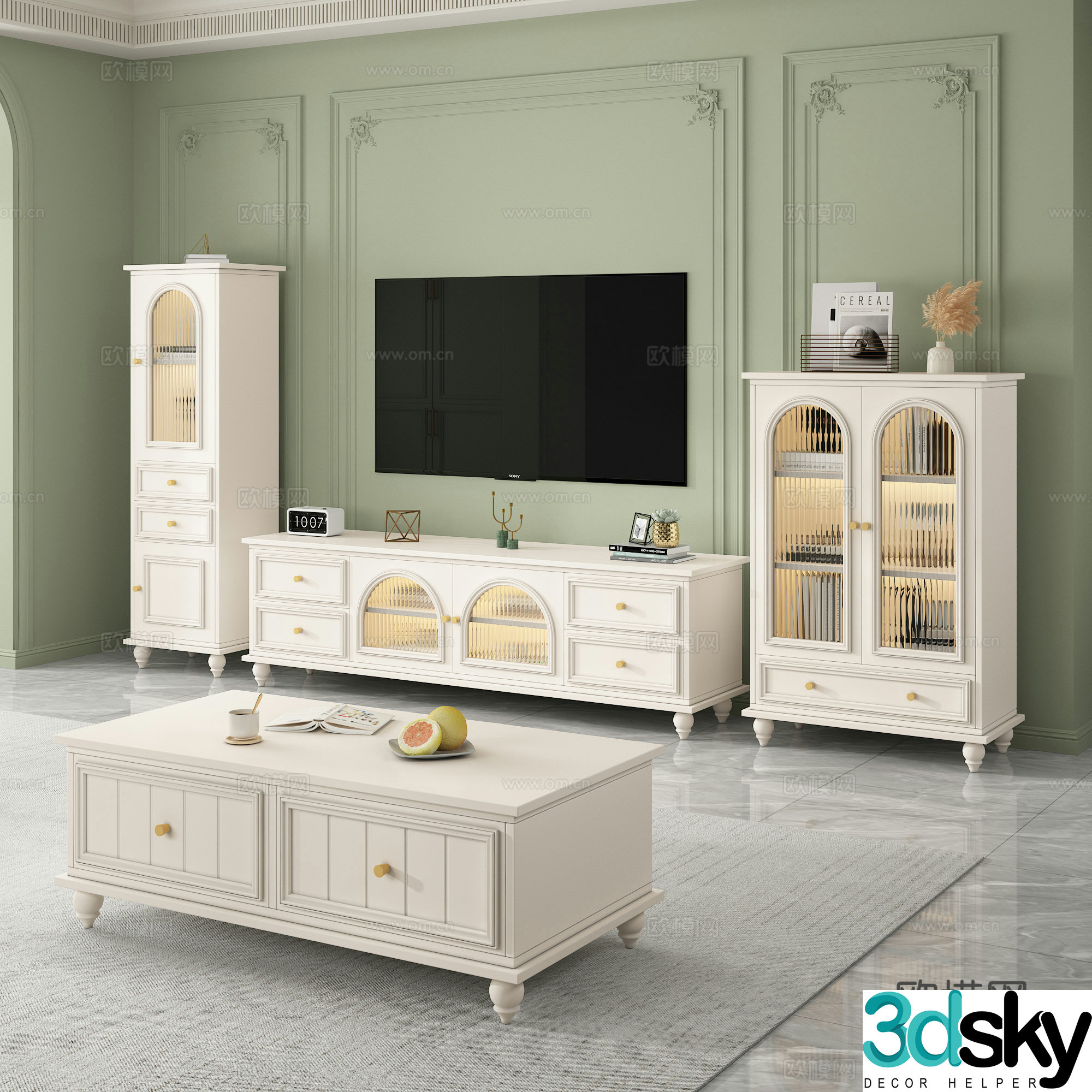 French cream-air TV cabinet coffee table storage cabinet ornament combination 3D model