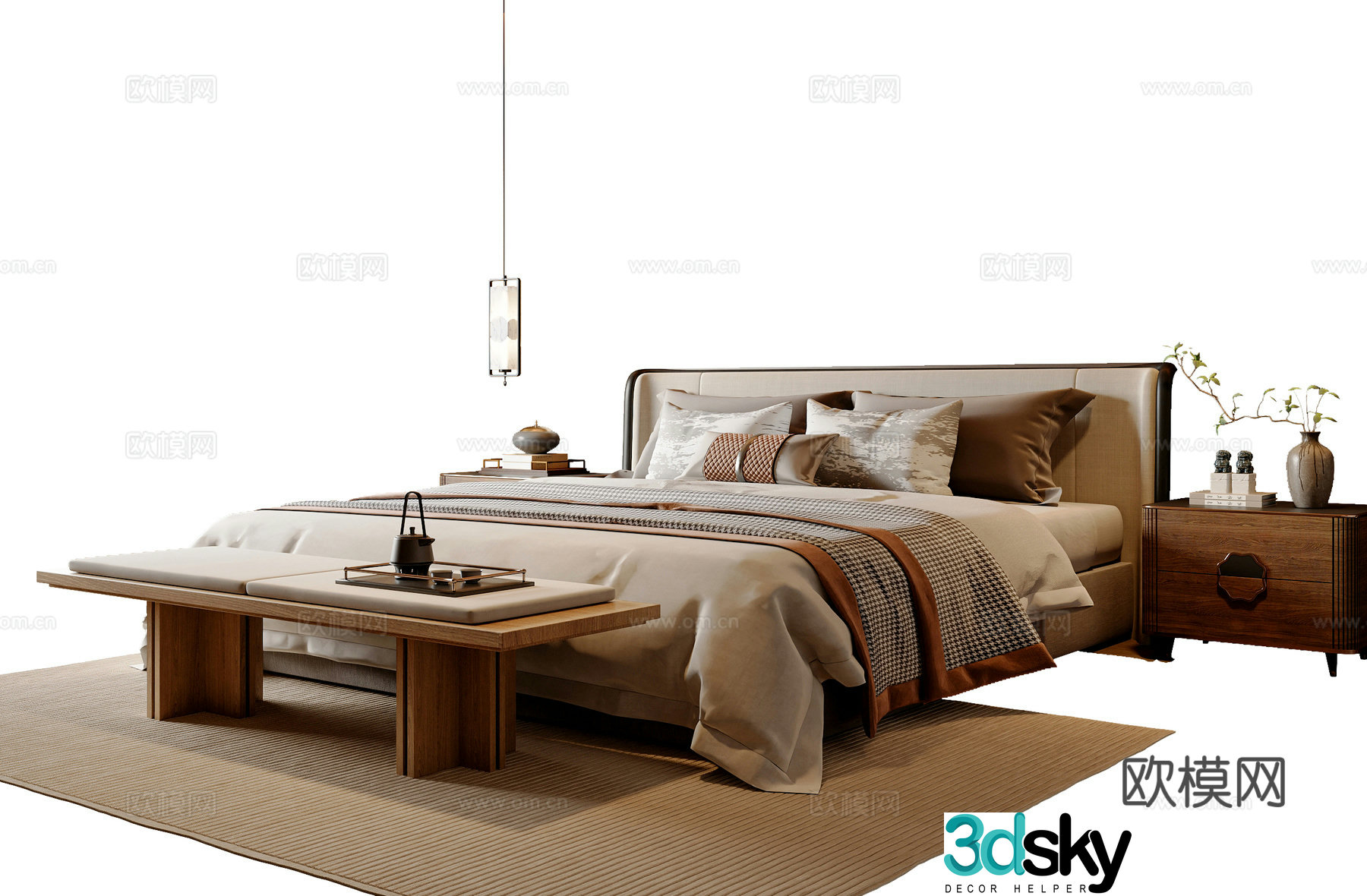 New Chinese style double bed New Chinese style bed tail stool bed nightstand chandeliers Song style 3D model
