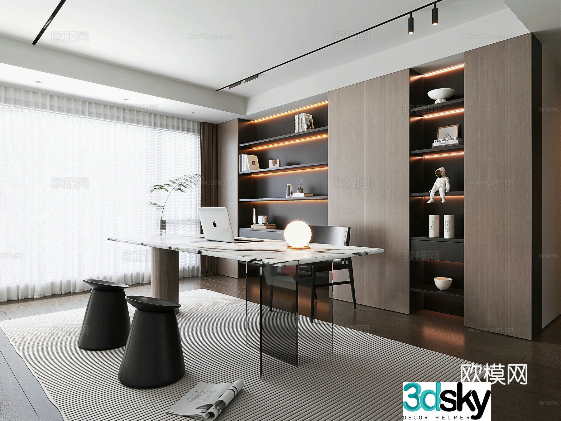 Italian style study Italian bookcase desk chair leather stool book ornament combination 3D model