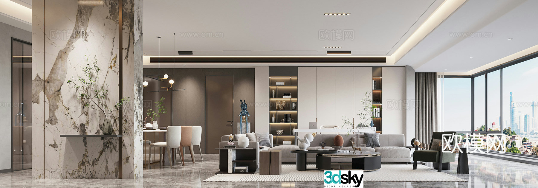 Modern living and dining room 3d model