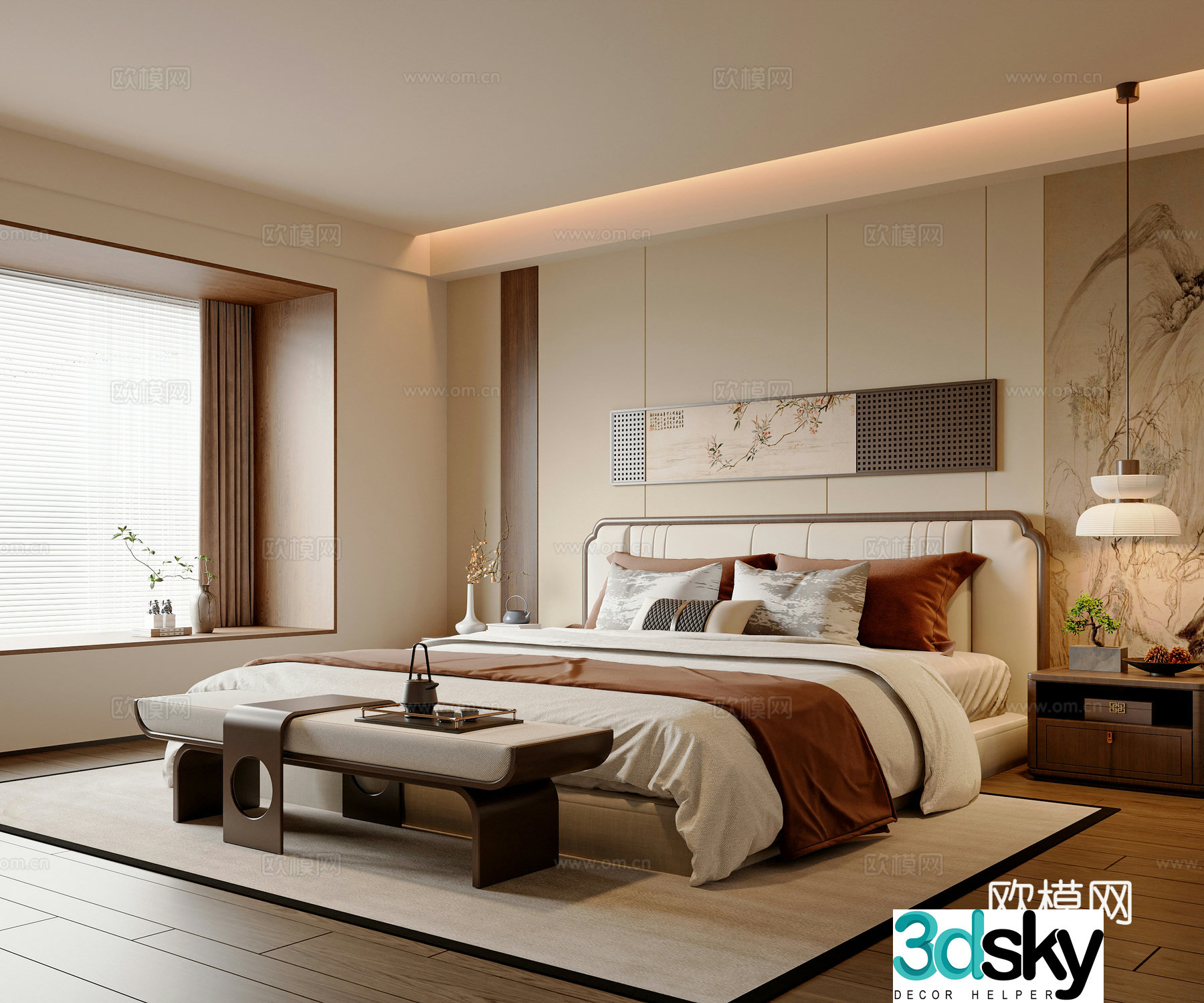 New Chinese style bedroom Master bedroom New Chinese style double bed New Chinese style bedside table New Chinese style bedside stool 3D model
