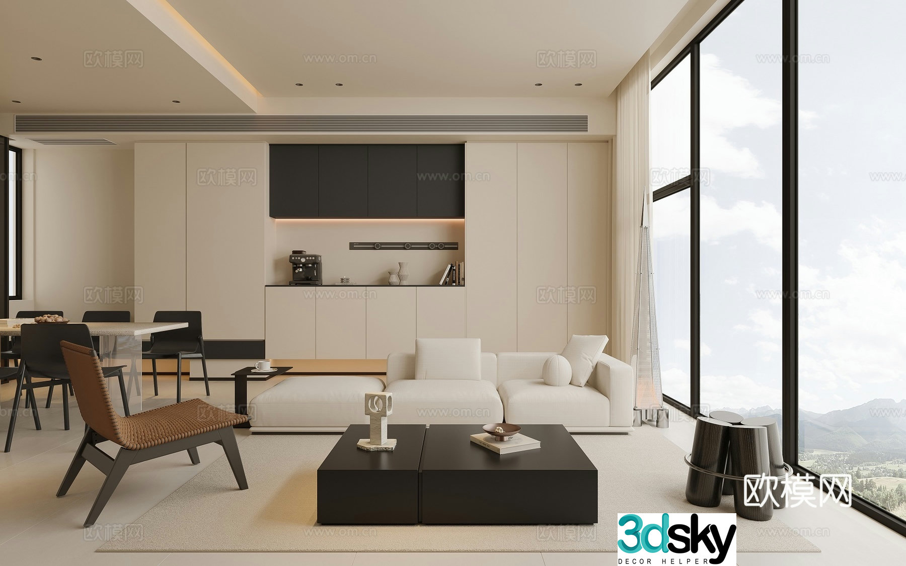 Modern living and dining room 3d model