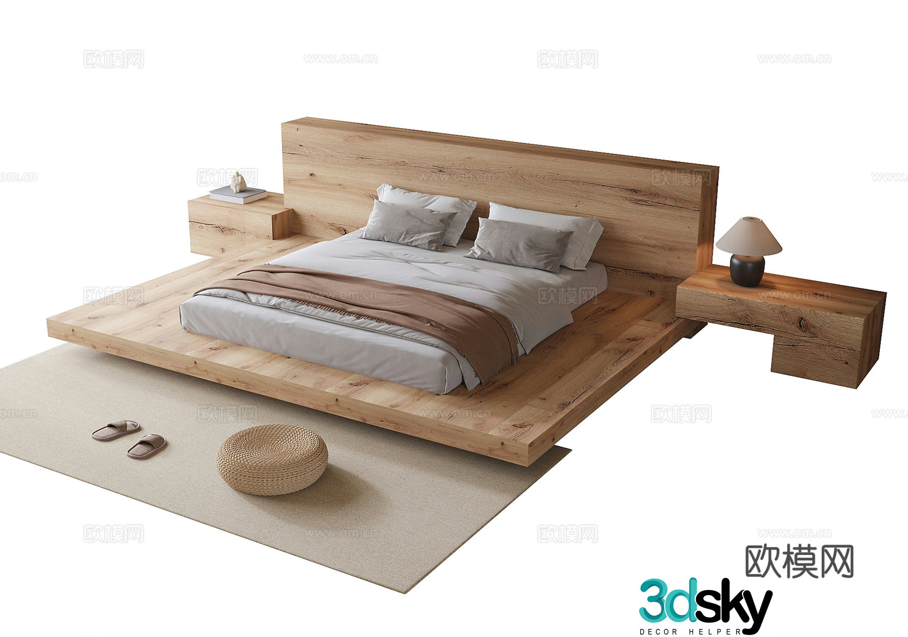 Modern B&B solid wood platform bed 3D model