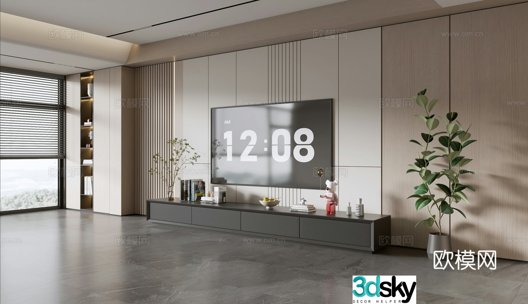 Modern simple living room light luxury TV background wall full wall TV cabinet wooden veneer background wall 3d model