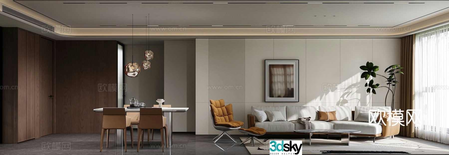 Modern living and dining room 3d model