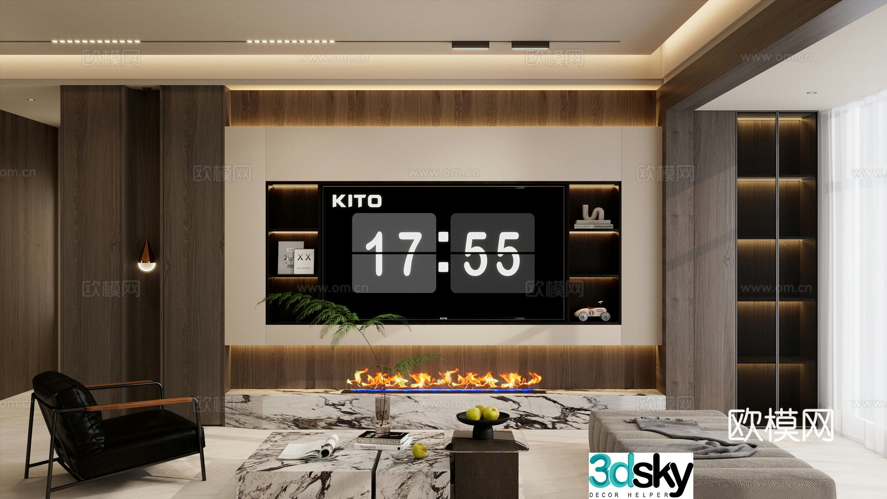 Italian style light luxury style embedded TV no main light flame niche curved niche villa living room 3D model