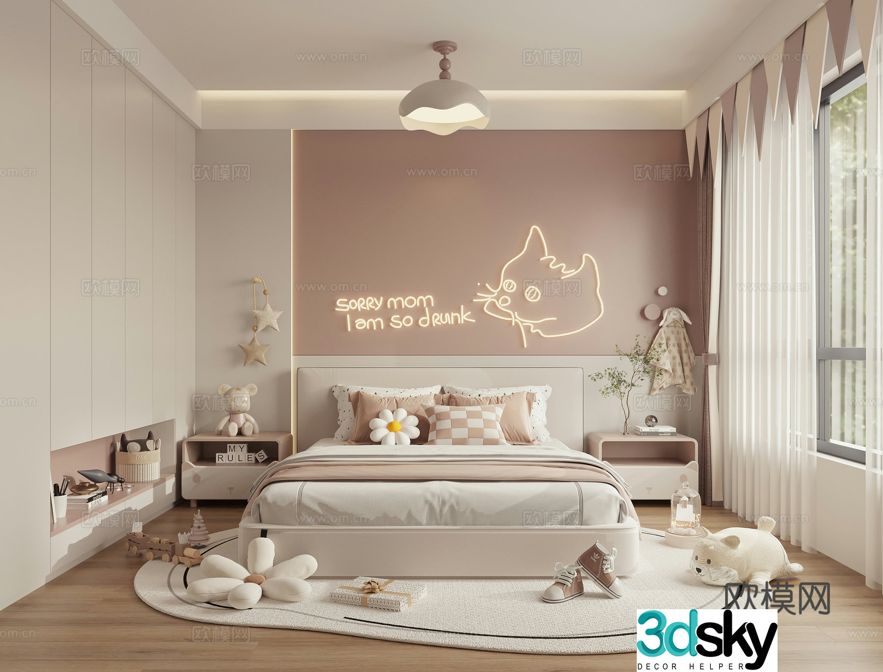Modern creamy style children’s bedroom 3d model